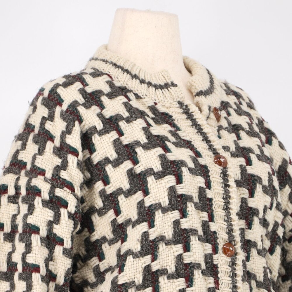 VINTAGE Women's Thick Knit Basketweave Button Front Cardigan Sweater Cream Brown - Picture 3 of 7
